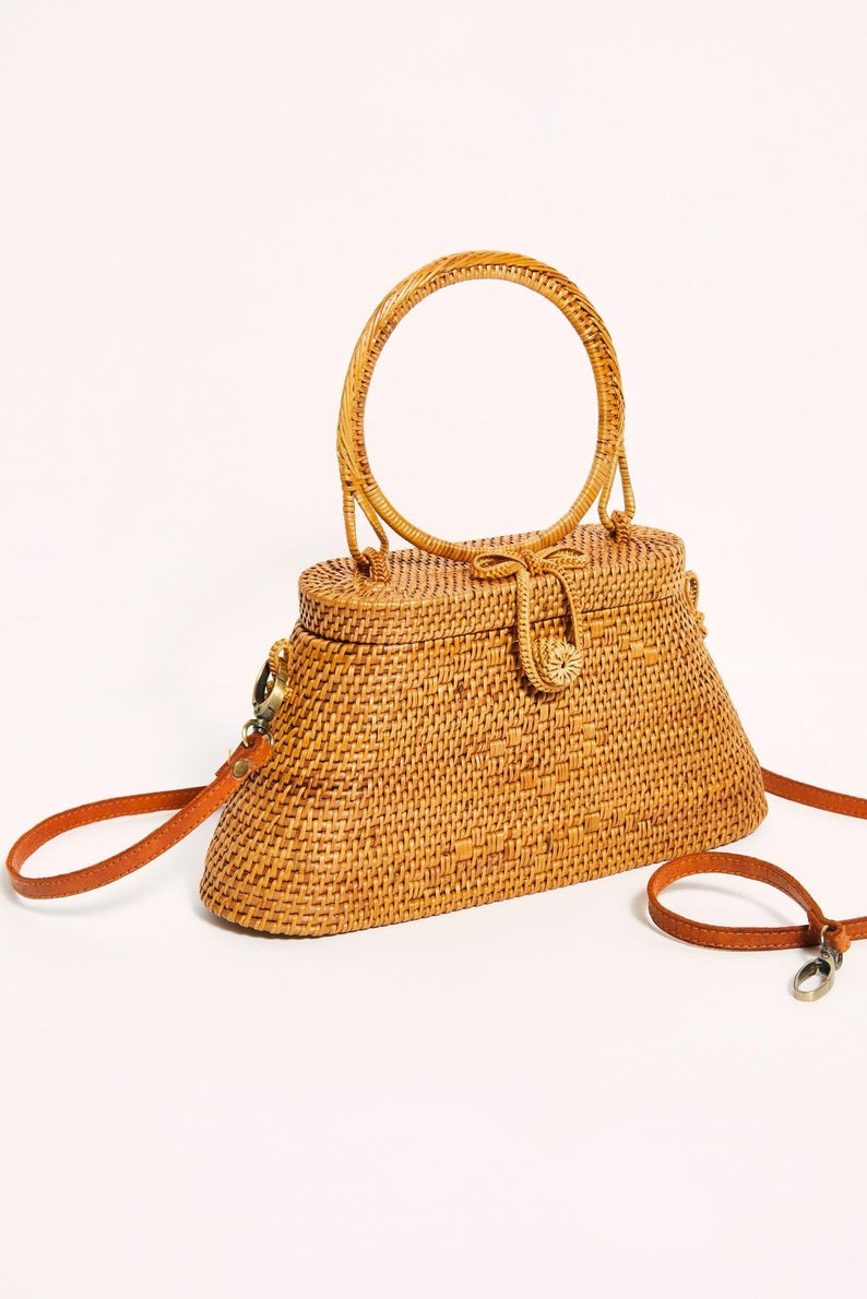 ECO Women Woven Top Handle Purse with Leather Crossbody Strap