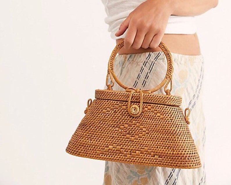 ECO Women Woven Top Handle Purse with Leather Crossbody Strap